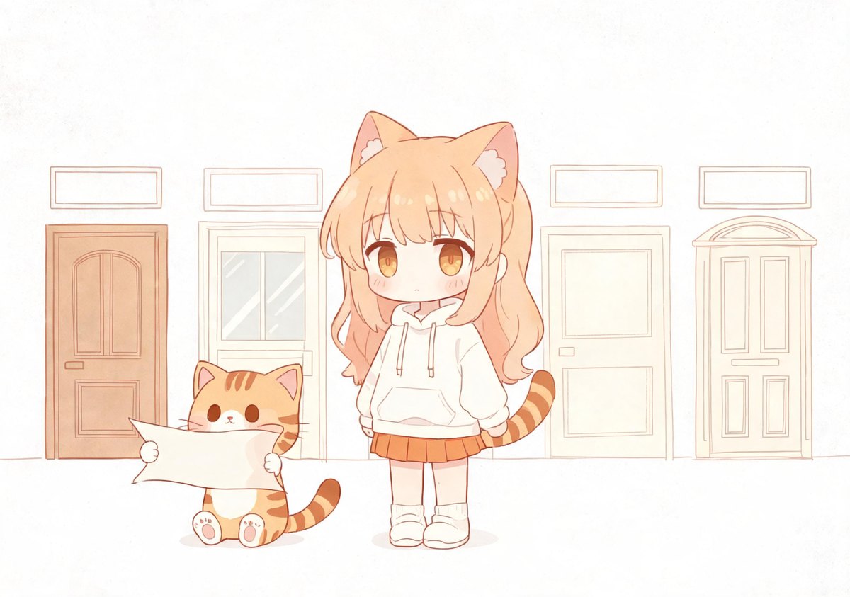 橘猫举着空白地图,陪猫耳少女站在五扇门前的岔路口