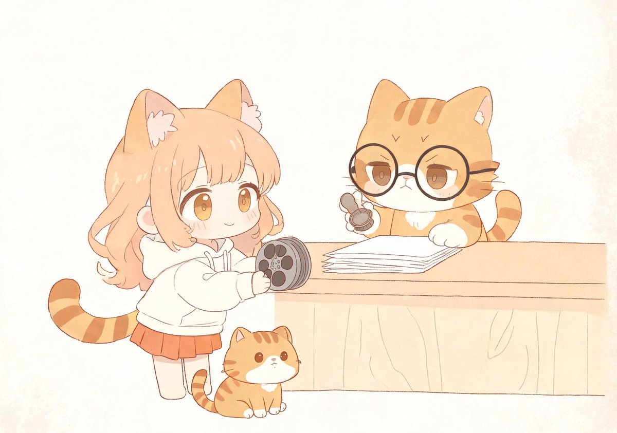 猫耳少女把成片胶片递给柜台后戴眼镜的橘猫管理员，管理员举着印章