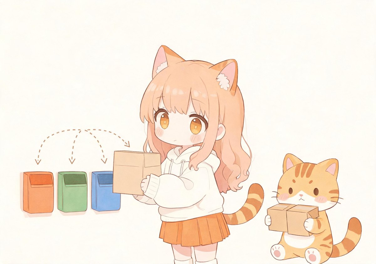 猫耳少女把一个包裹同时投进三个不同颜色的投递口，橘猫抱着纸箱跟在后面
