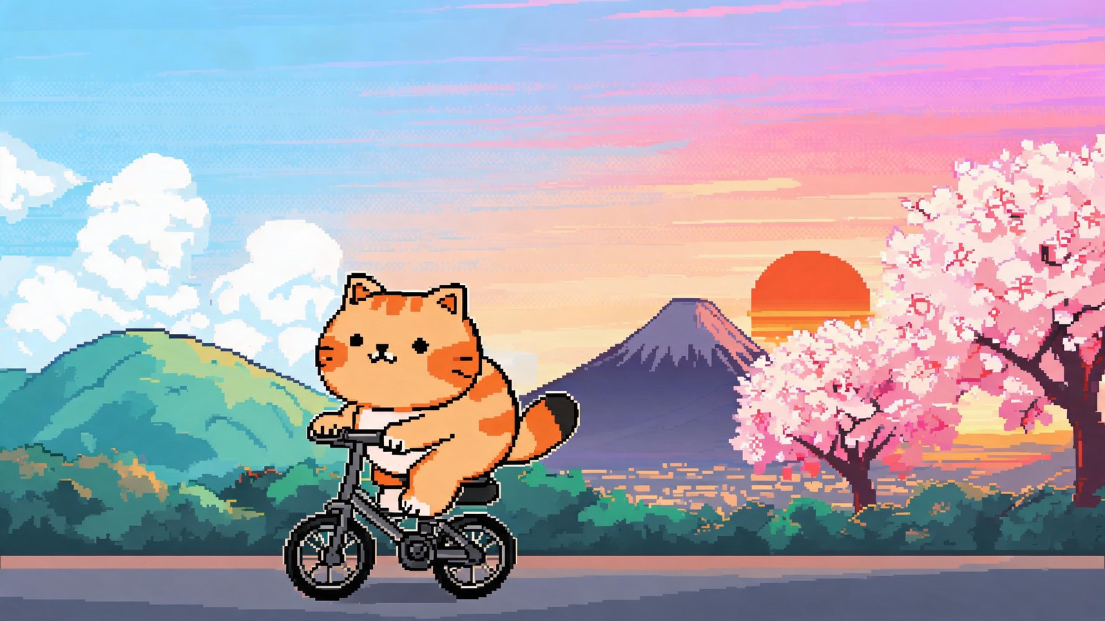 像素风头图：一只橘猫骑着自行车，从清晨的蓝天驶向黄昏的紫橙天空