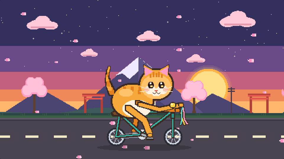 黄昏富士版：紫橙落日下的橘猫骑着青色自行车，背景有富士山与樱花