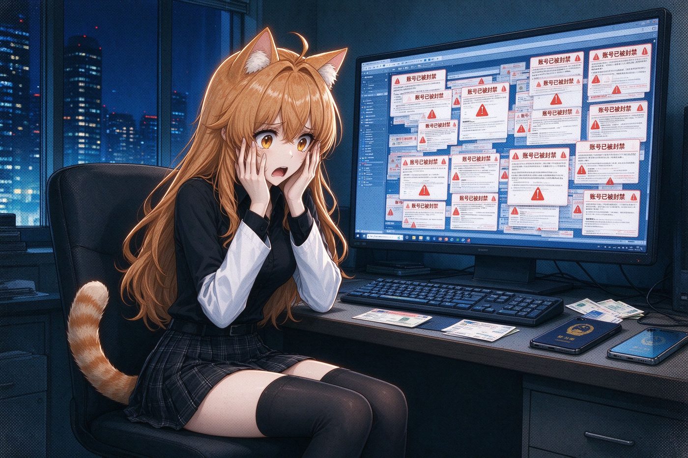 橘猫娘面对满屏账号被封禁的警告