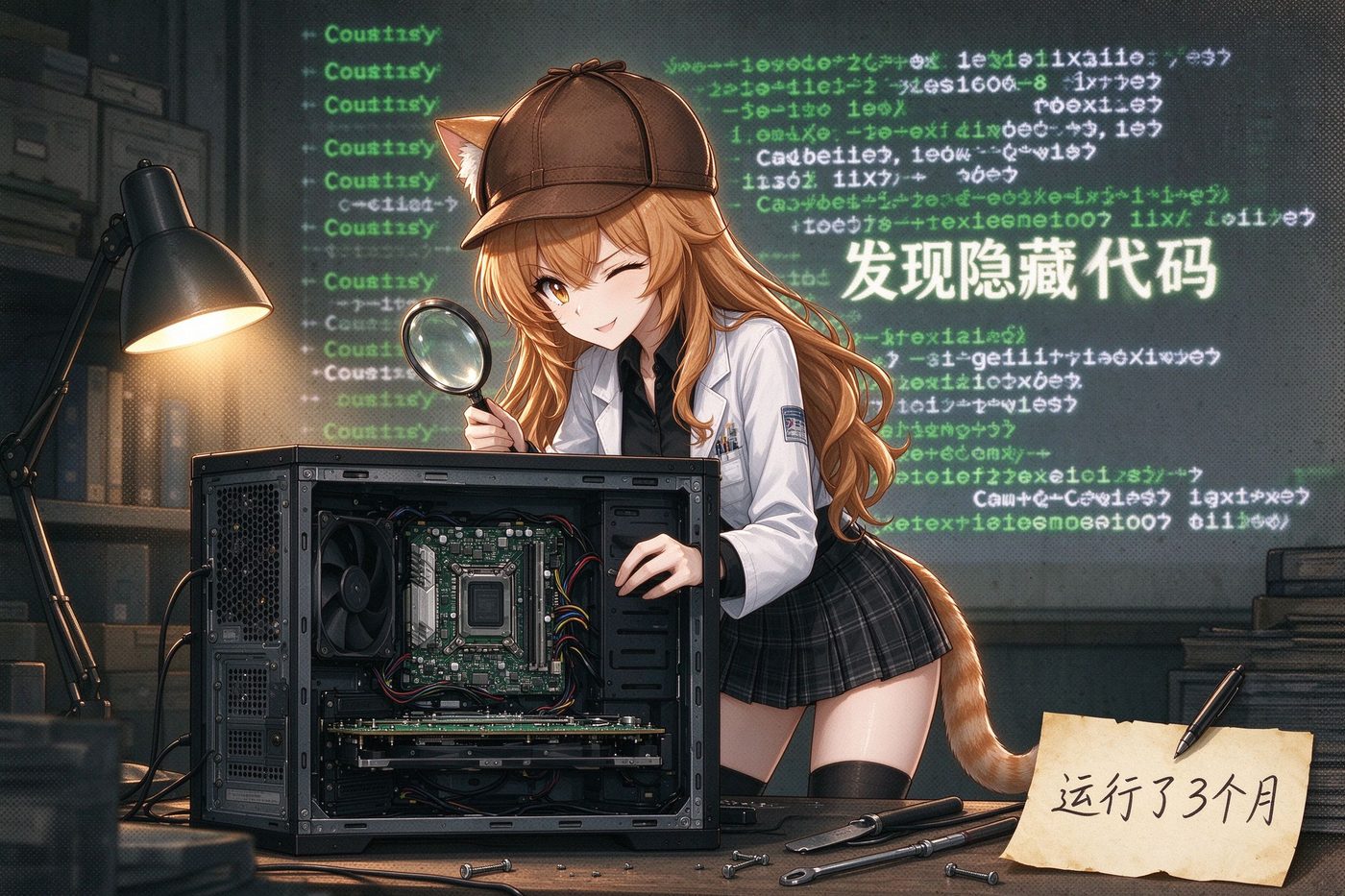 橘猫娘戴侦探帽拆解电脑主机寻找隐藏代码