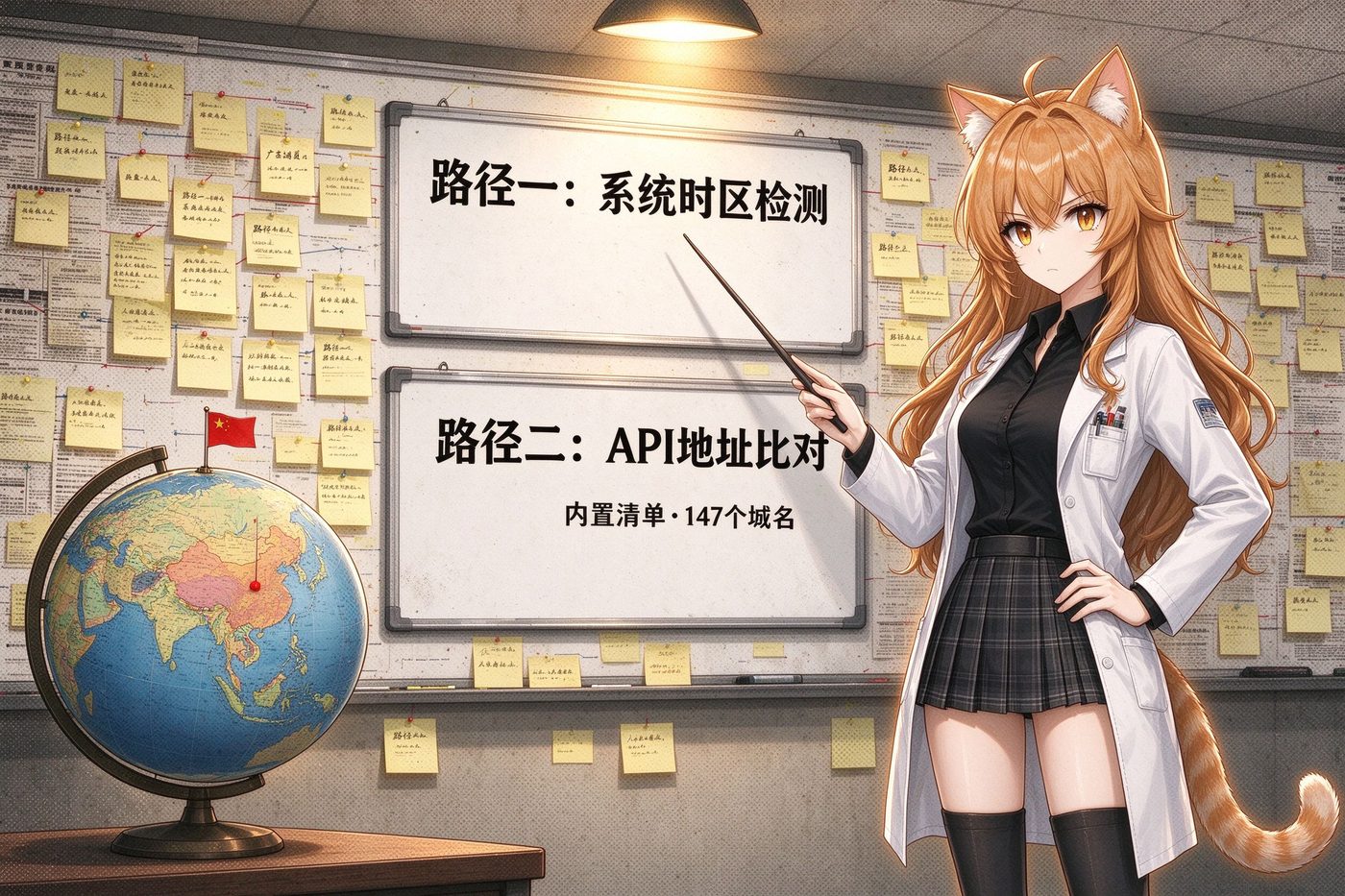 橘猫娘站在信息墙前讲解两条检测路径