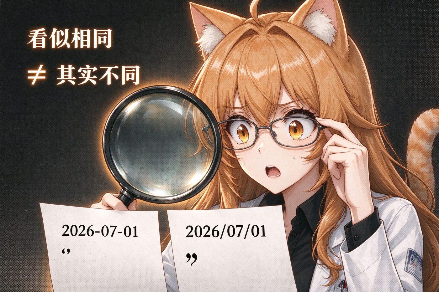 橘猫娘用放大镜对比看似相同实则不同的字符