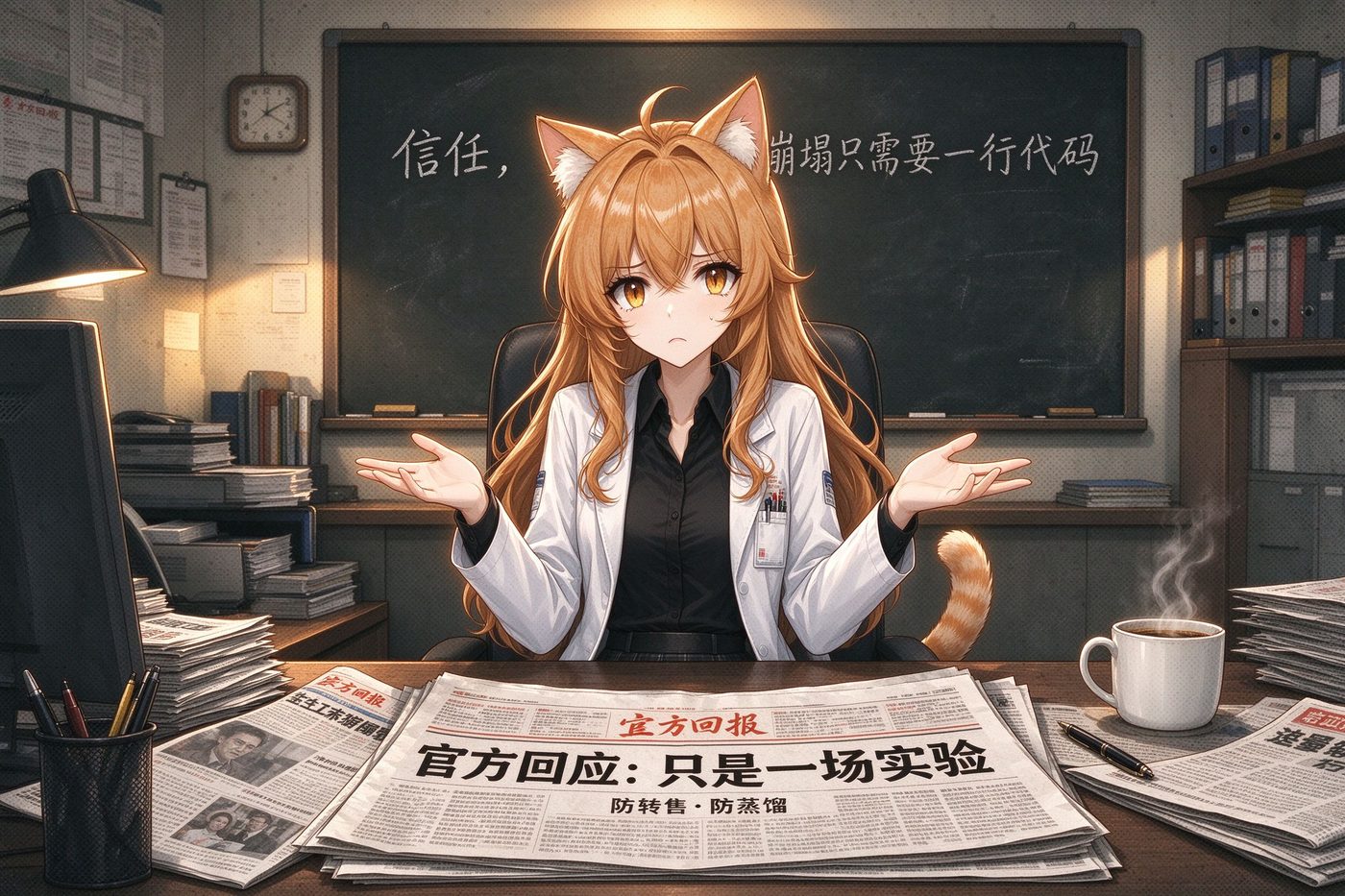 橘猫娘面对官方回应的报纸摊手无奈