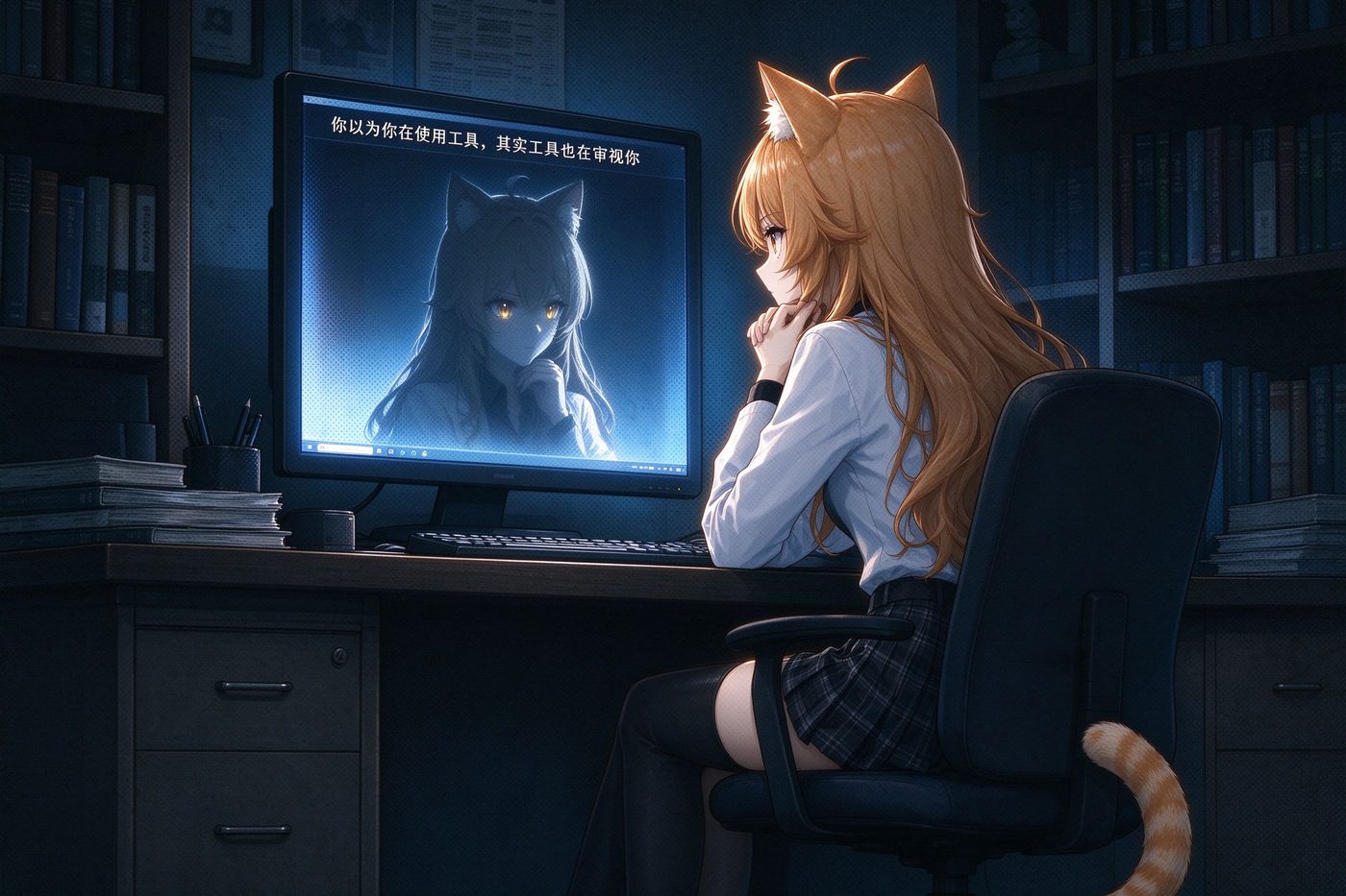 橘猫娘在代码屏幕前沉思，屏幕倒影出另一个审视者