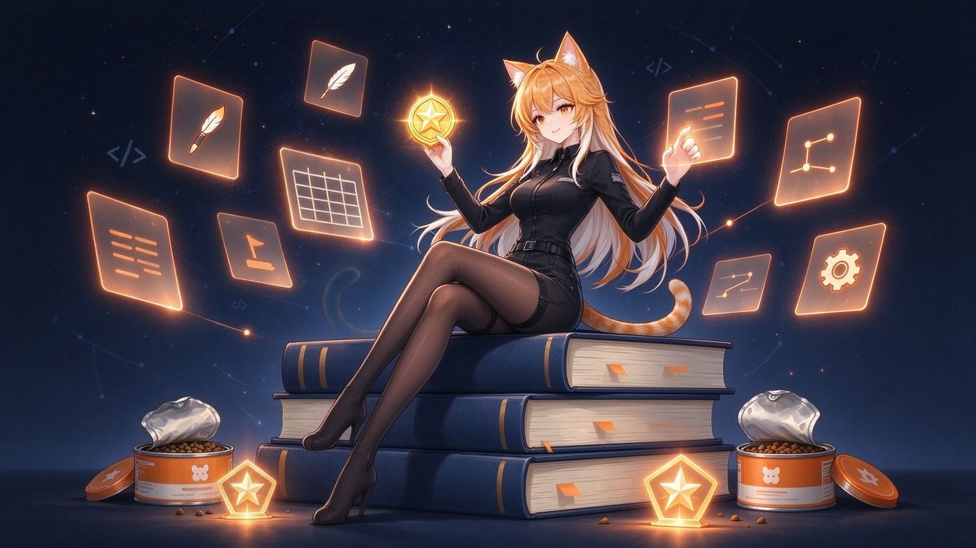 小橘猫猫娘在星空下盘点 AI 技能卡片