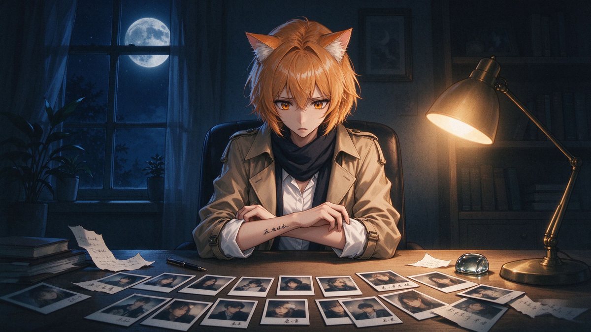 猫娘深夜伏在书桌前，桌上摊满写着注释的宝丽来照片