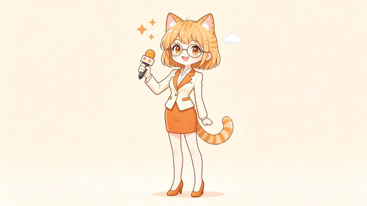 小橘猫猫娘记者手持采访麦克风的萌系插画