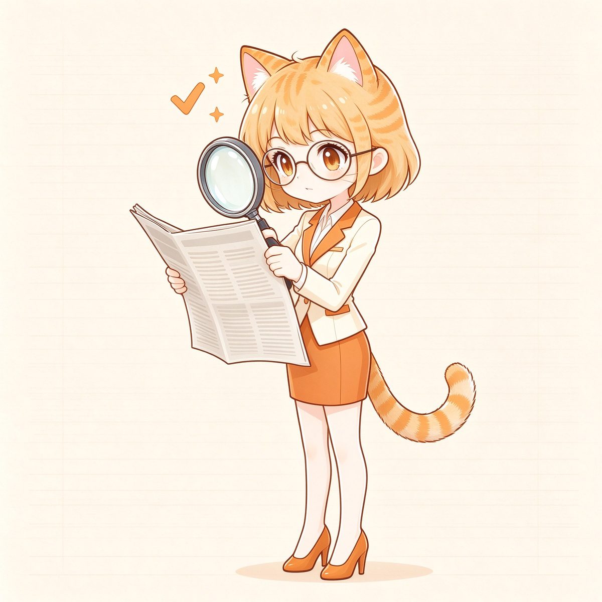 小橘猫猫娘记者手拿放大镜逐字核对报纸版面的萌系插画