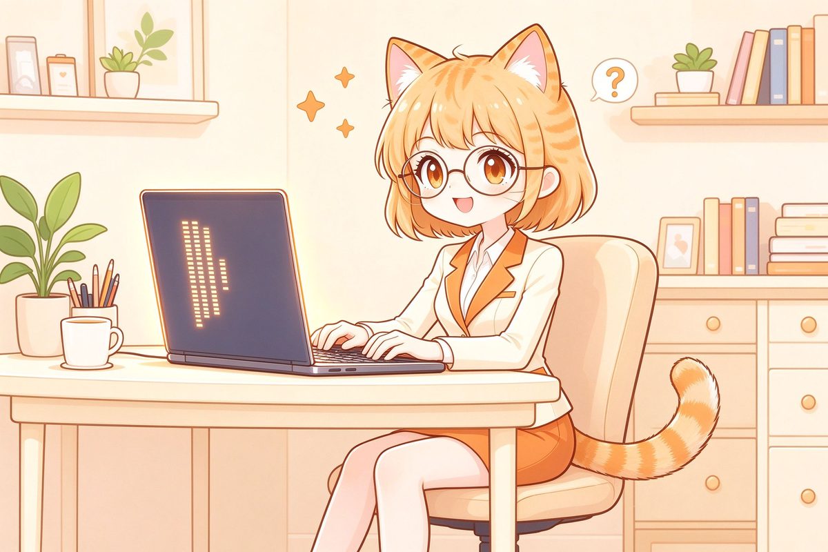 小橘猫猫娘坐在书桌前对着笔记本电脑认真研究的萌系插画