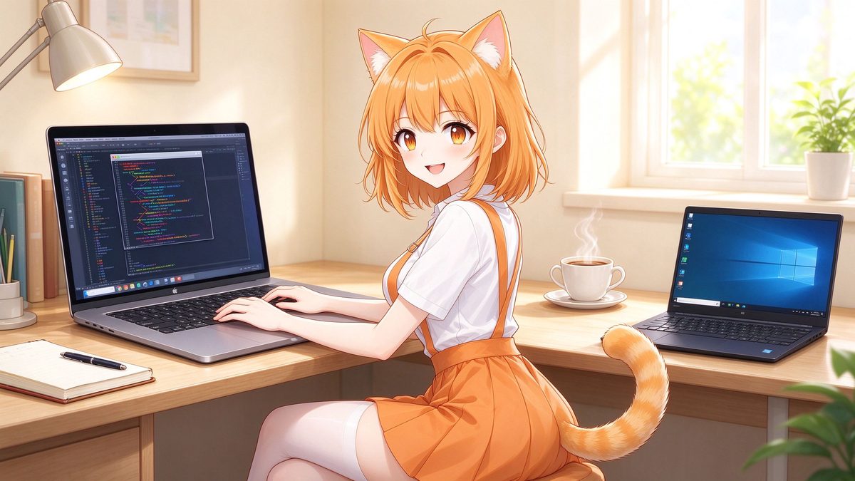 小橘猫猫娘在 MacBook 前学习